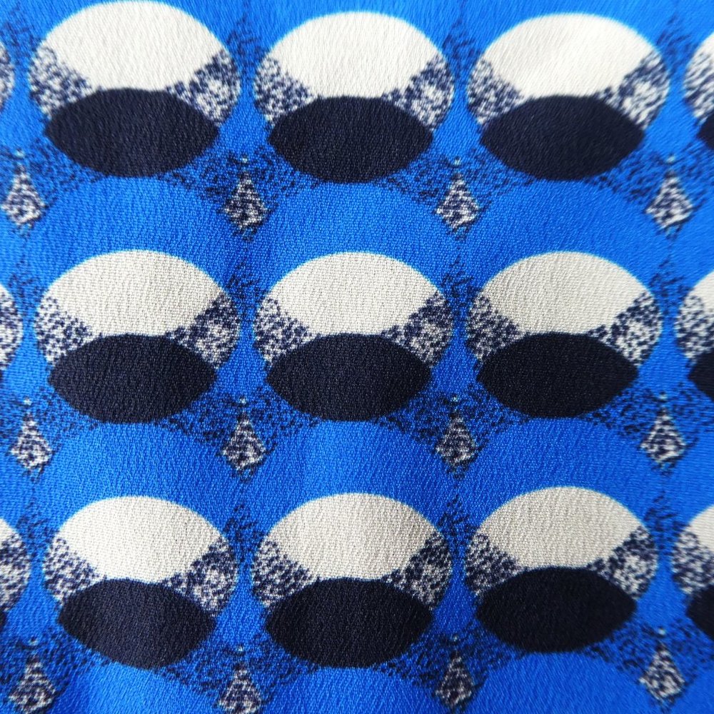 Dior SiLK Blue Printed Dress Knit Crewneck Cuffs Ruffle Hem Sporty Stretch Italy - Picture 3 of 7